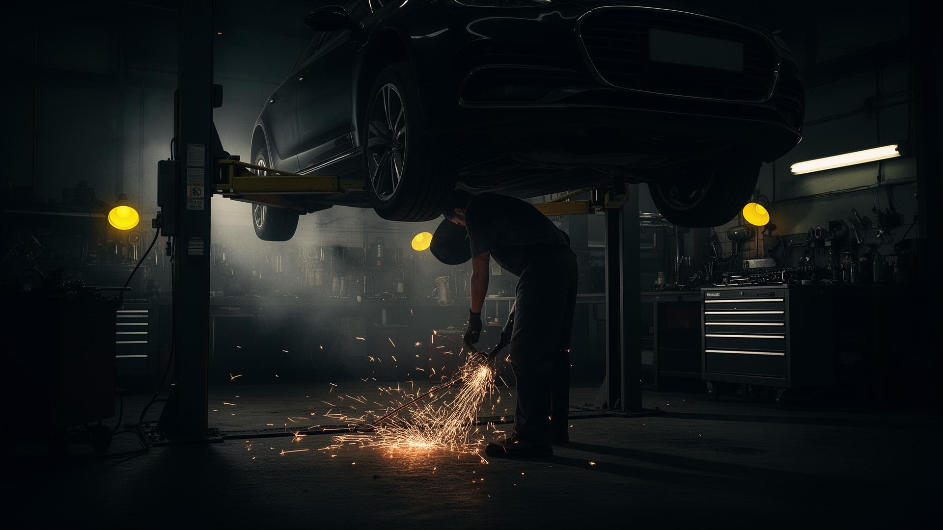 Mechanic working on a car at L4 Autos garage in Rutherglen, Glasgow